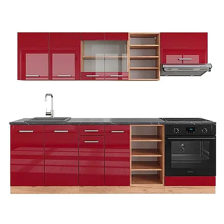 Vicco  Küchenzeile R-Line Rot Hochglanz/Goldkraft Eiche, AP Anthrazit