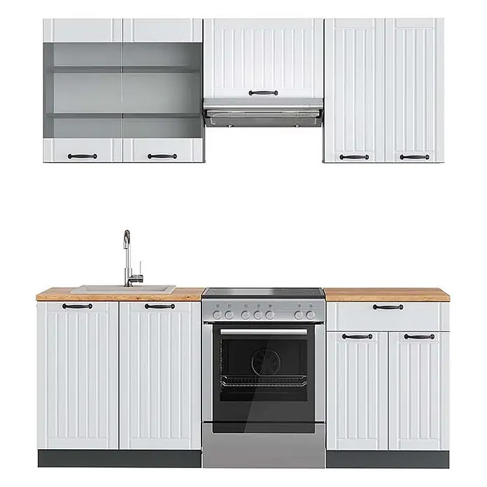 Vicco Küchenzeile Fame-Line Weiß Landhaus/Anthrazit, AP Eiche - Weiß Landhaus, Ohne Elektrogeräte - Weiße Küchenschränke mit Holzoptik-Arbeitsplatten, Einbauherd, Spüle und Dunstabzugshaube.