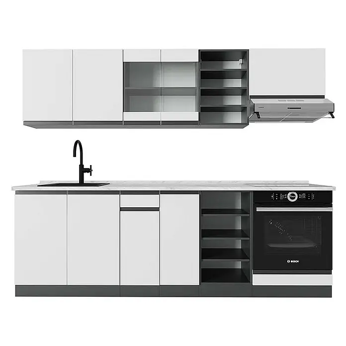 Vicco Küchenzeile R-Line Weiß/Anthrazit J-Shape, AP Marmor - Breite: 240 cm, Weiß, Ohne Elektrogeräte - Elegante Küche in Weiß und Dunkelgrau mit Ober- und Unterschränken, Spüle, Einbauofen und Dunstabzugshaube.