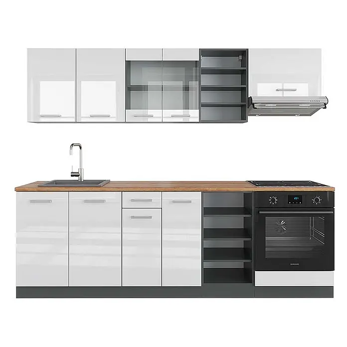 Vicco Küchenzeile R-Line Weiß Hochglanz/Anthrazit, AP Eiche - Breite: 240 cm, Weiß Hochglanz, Ohne Elektrogeräte - Moderne weiße Hochglanz-Küchenzeile mit Holz-Arbeitsplatte, Spüle, Backofen, Kochfeld und offenen Regalen.