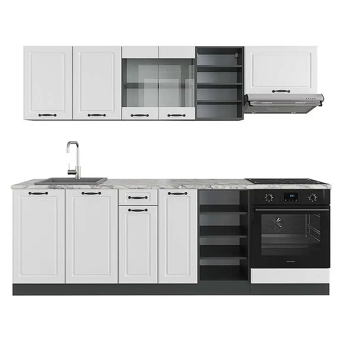 Vicco Küchenzeile R-Line Weiß Landhaus/Anthrazit, AP Marmor - Breite: 240 cm, Weiß Landhaus, Ohne Elektrogeräte - Weiße und graue Küchenschränke mit Marmorarbeitsplatte, integrierter Spüle, Herd und Ofen.