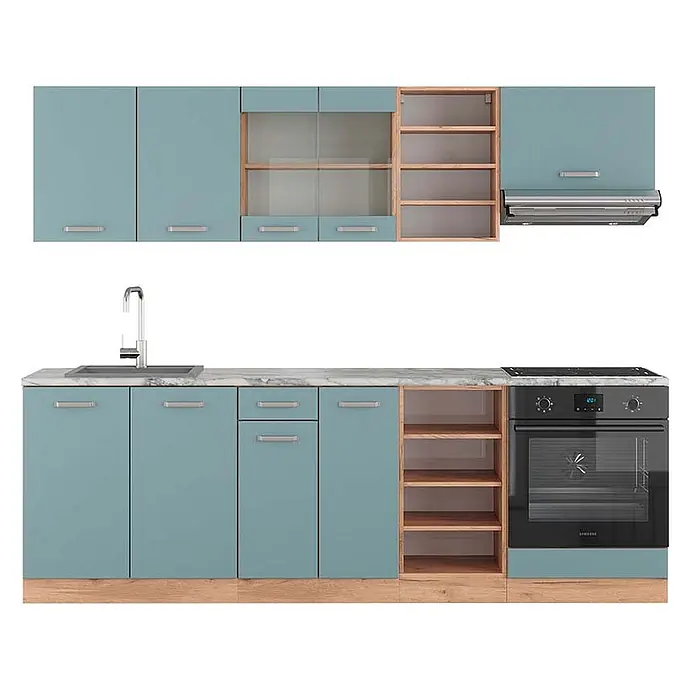 Vicco Küchenzeile R-Line Blau-Grau/Goldkraft Eiche, AP Marmor - Breite: 240 cm, Blau-Grau, Ohne Elektrogeräte - Modulare Küche mit hellblauen Schränken, Arbeitsplatte in weißer Marmoroptik, hellen Holzakzenten, Spüle, Kochfeld, Backofen und Dunstabzugshaube.