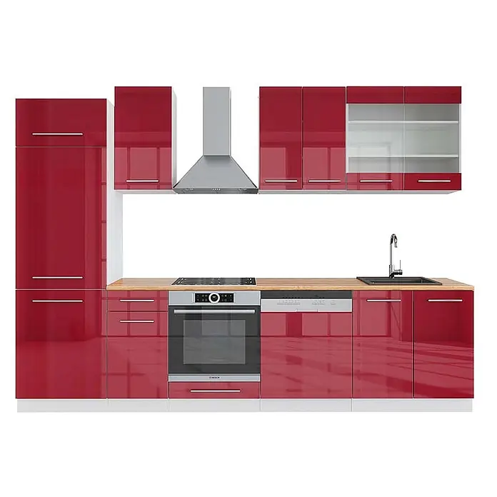 Vicco Küchenzeile Fame-Line Bordeaux Hochglanz/Weiß, AP Eiche - Breite: 300 cm, Bordeaux Hochglanz, Ohne Elektrogeräte - Moderne hochglanzrote Küche mit integriertem Edelstahl-Ofen, Kochfeld, Geschirrspüler, Spüle und Dunstabzugshaube, Holzarbeitsplatten.
