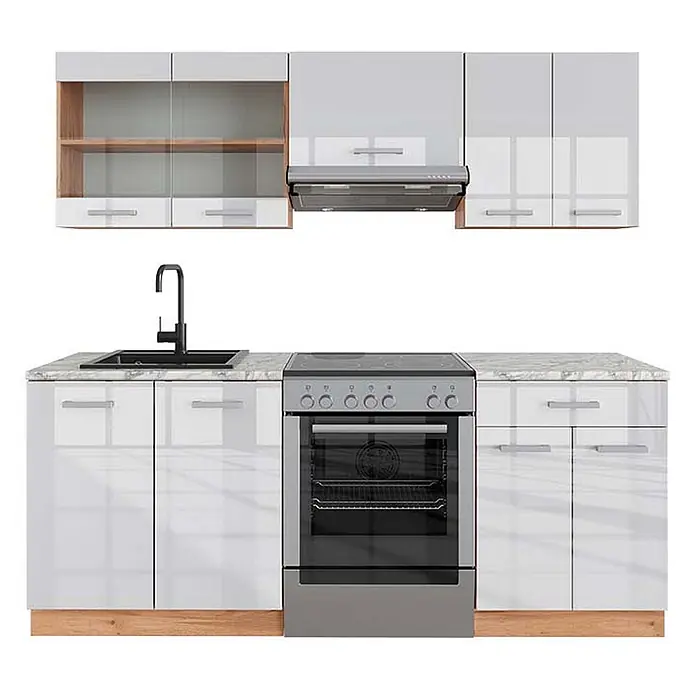 Vicco Küchenzeile R-Line Weiß Hochglanz/Goldkraft Eiche, AP Marmor - Weiß Hochglanz, Ohne Elektrogeräte - Weiße Hochglanz-Küchenzeile mit Marmoroptik-Arbeitsplatte, schwarzer Spüle und Armatur, integriertem Backofen, Kochfeld und Dunstabzugshaube, mit Holzsockel.