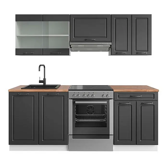 Vicco Küchenzeile R-Line Anthrazit Landhaus/Weiß, AP Eiche - Breite: 200 cm, Anthrazit Landhaus, Ohne Elektrogeräte - Modulare graue Küchenzeile mit Holzplatte, schwarzem Waschbecken und Edelstahlofen/-kochfeld, inkl. Schränke.