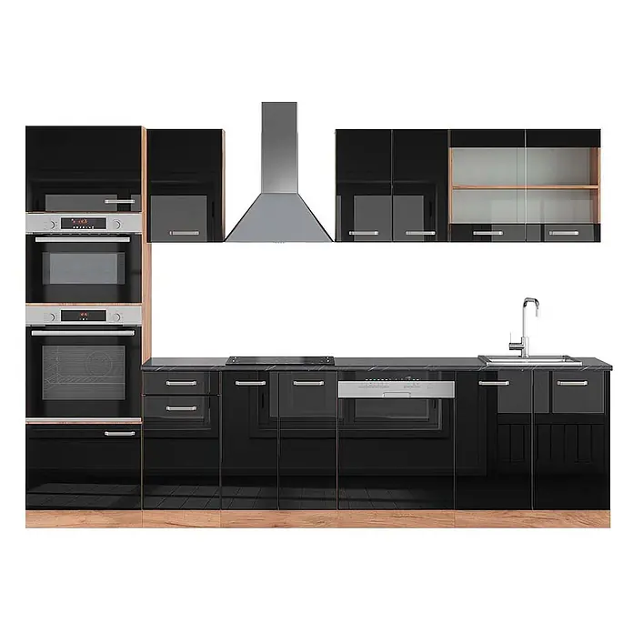 Vicco Küchenzeile R-Line Schwarz Hochglanz/Goldkraft Eiche mit Hochschrank, AP Anthrazit - Schwarz Hochglanz, Ohne Elektrogeräte - Moderne schwarze Hochglanz-Küchenzeile mit Holzakzenten, integriertem Backofen, Kochfeld, Geschirrspüler, Spüle und Dunstabzugshaube.