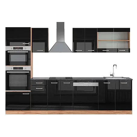 Vicco  Küchenzeile R-Line Schwarz Hochglanz/Goldkraft Eiche mit Hochschrank, AP Anthrazit