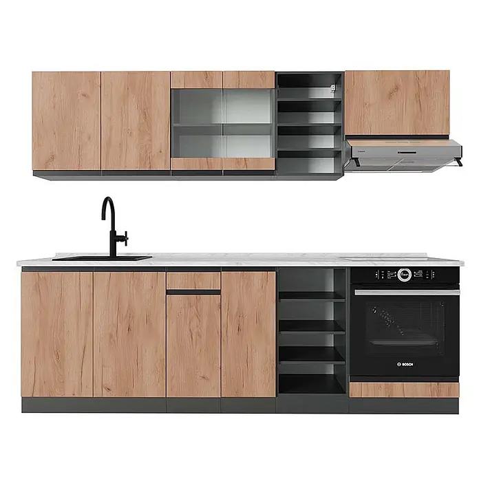 Vicco Küchenzeile R-Line Goldkraft Eiche/Anthrazit J-Shape, AP Marmor - Breite: 240 cm, Goldkraft Eiche, Ohne Elektrogeräte - Modernes Küchenset mit hellen Holzfronten, dunkelgrauen Elementen, weißer Arbeitsplatte, schwarzer Spüle, Backofen und Dunstabzugshaube.