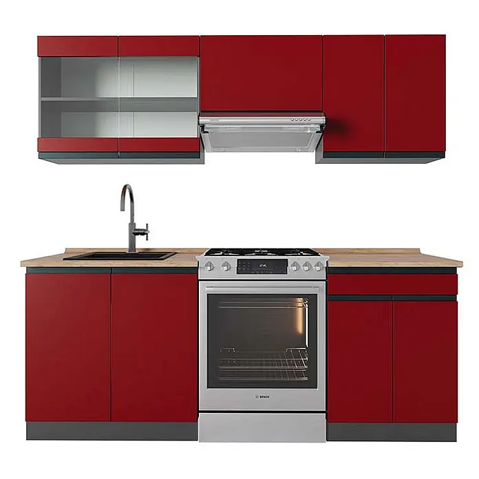 Vicco Küchenzeile R-Line Rot/Anthrazit J-Shape, AP Eiche - Breite: 200 cm, Rot, Ohne Elektrogeräte - Rote Küchenzeile mit Holzplatte, schwarzer Spüle, silbernem Ofen und Dunstabzugshaube.