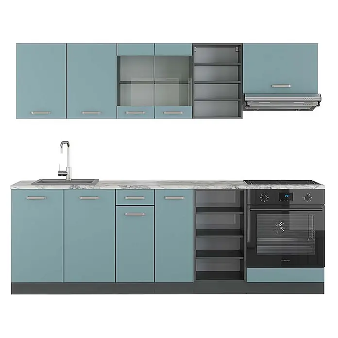 Vicco Küchenzeile R-Line Blau-Grau/Anthrazit, AP Marmor - Breite: 240 cm, Blau-Grau, Ohne Elektrogeräte - Komplette hellblaue Küchenzeile mit Ober- und Unterschränken, Spüle, Marmor-Arbeitsplatte, integriertem Ofen, Kochfeld und Dunstabzugshaube.