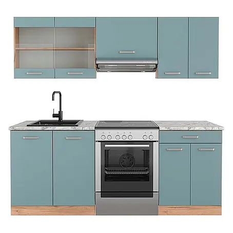 Vicco  Küchenzeile R-Line Blau-Grau/Goldkraft Eiche, AP Marmor