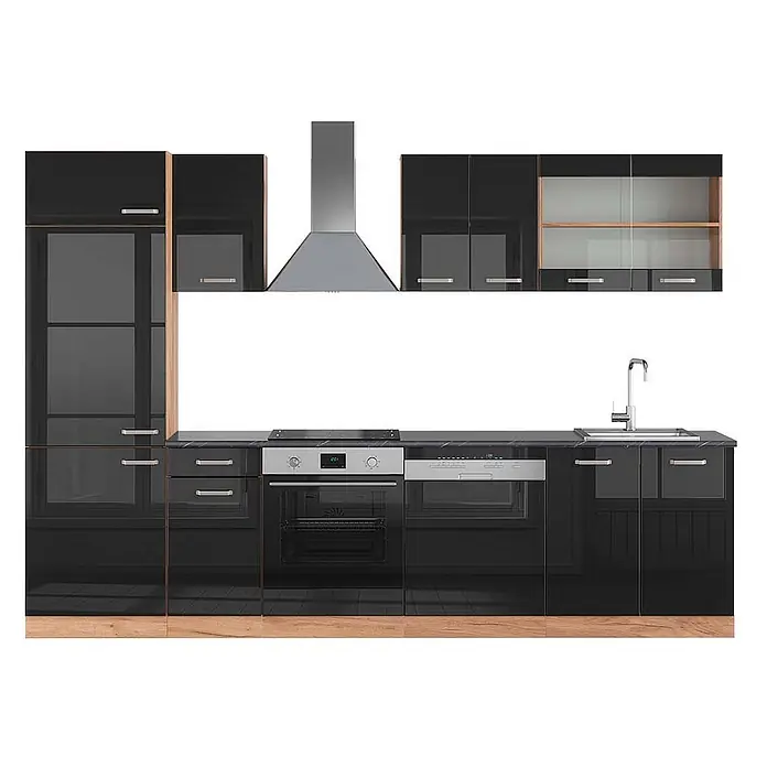 Vicco Küchenzeile R-Line Schwarz Hochglanz/Goldkraft Eiche, AP Anthrazit - Schwarz Hochglanz, Ohne Elektrogeräte - Schwarze Hochglanz-Einbauküche mit hellen Holzdetails, integriertem Kochfeld, Backofen, Geschirrspüler, Spüle und Dunstabzugshaube.