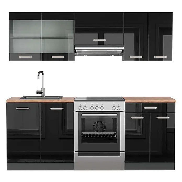 Vicco Küchenzeile R-Line Schwarz Hochglanz/Anthrazit, AP Eiche - Schwarz Hochglanz, Ohne Elektrogeräte - Glänzende schwarze Küche mit integriertem Backofen, Spüle, Holzplatten und Oberschränken.