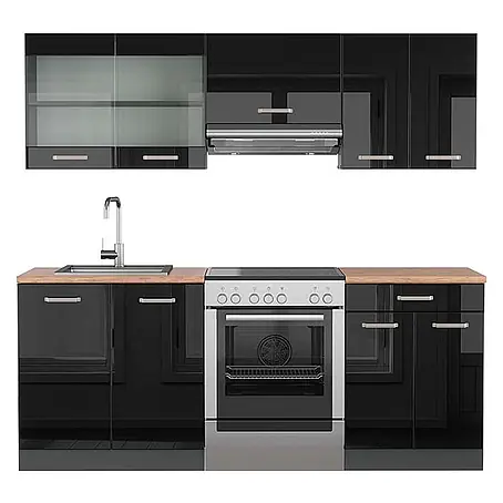 Vicco  Küchenzeile R-Line Schwarz Hochglanz/Anthrazit, AP Eiche