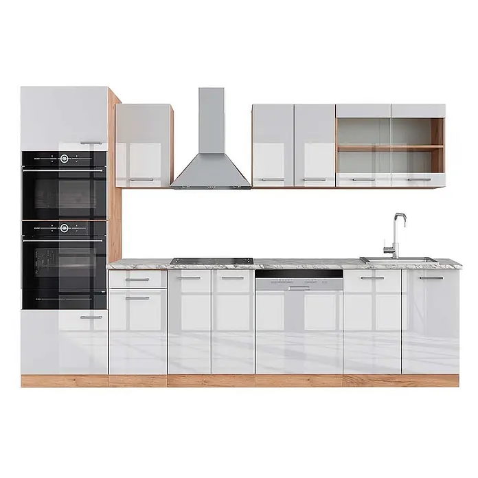 Vicco Küchenzeile R-Line Weiß Hochglanz/Goldkraft Eiche mit Hochschrank, AP Marmor - Weiß Hochglanz, Ohne Elektrogeräte - Moderne Küchenzeile mit hochglänzenden weißen Schränken, Holzdetails, integrierten Öfen, Kochfeld, Spüle, Geschirrspüler.