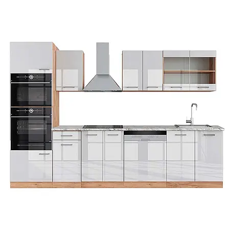 Vicco  Küchenzeile R-Line Weiß Hochglanz/Goldkraft Eiche mit Hochschrank, AP Marmor
