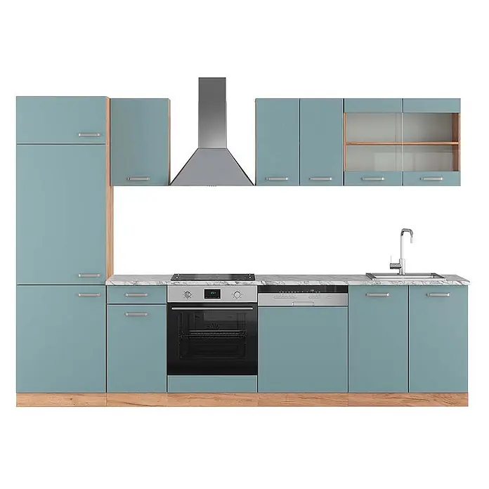 Vicco Küchenzeile R-Line, Blau-Grau/Goldkraft Eiche, 300 cm -  - Blaugrüne Modulküche mit Holzdetails, Arbeitsplatte in Marmoroptik, Edelstahlgeräten: Ofen, Kochfeld, Spülmaschine, Spüle und Dunstabzugshaube.