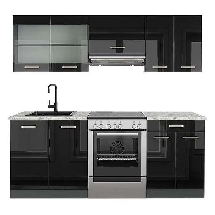 Vicco Küchenzeile R-Line Schwarz Hochglanz/Anthrazit, AP Marmor - Schwarz Hochglanz, Ohne Elektrogeräte - Glänzende schwarze Küchenzeile mit weißer Marmor-Arbeitsplatte, schwarzer Spüle und Edelstahl-Backofen/Dunstabzugshaube.