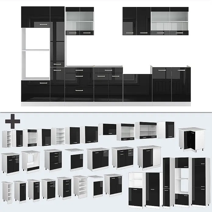 Vicco Küchenzeile R-Line Schwarz Hochglanz/Weiß mit Hochschrank, AP Anthrazit - Breite: 350 cm, Schwarz Hochglanz, Ohne Elektrogeräte - Modulares Küchenschrank-Set in Schwarz-Weiß mit Unter- und Oberschränken, Regalen und Vitrinen für eine komplette Küchengestaltung.