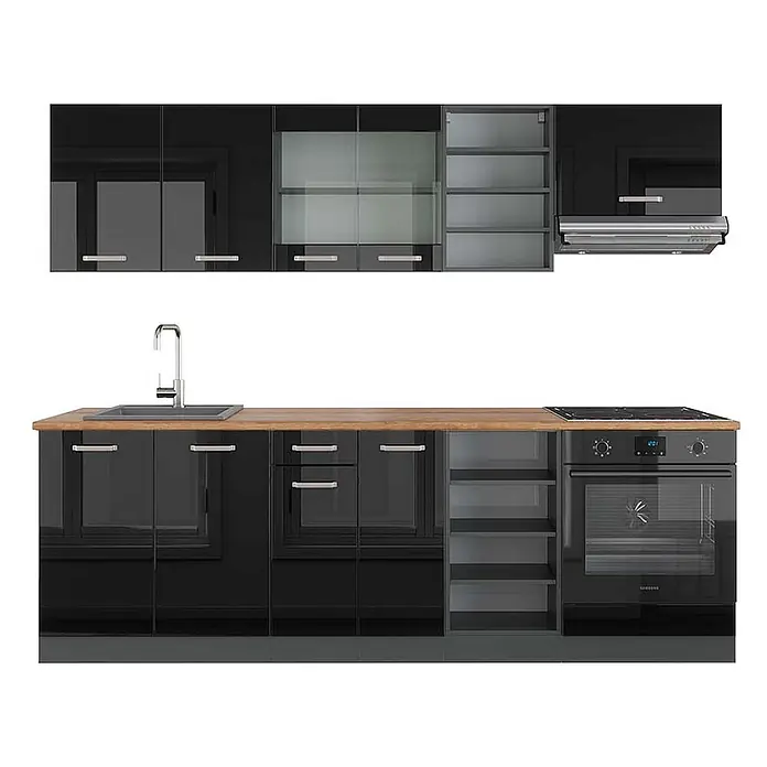 Vicco Küchenzeile R-Line Schwarz Hochglanz/Anthrazit, AP Eiche - Breite: 240 cm, Schwarz Hochglanz, Ohne Elektrogeräte - Schwarze Hochglanz-Küchenzeile mit Holzplatte, Spüle, Kochfeld, Backofen und verschiedenen Oberschränken, teils mit Glas.