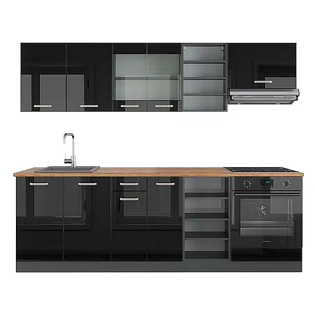 Vicco  Küchenzeile R-Line Schwarz Hochglanz/Anthrazit, AP Eiche