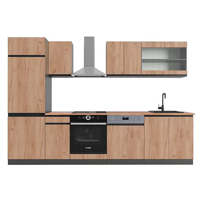 Vicco Küchenzeile R-Line Goldkraft Eiche/Anthrazit J-Shape, AP Eiche - Breite: 300 cm, Goldkraft Eiche, Ohne Elektrogeräte - Modulare Küche mit hellen Holzschränken, schwarzen Akzenten, integriertem Backofen, Kochfeld, Geschirrspüler und Spüle. Inkl. Ober- und Hochschränke.