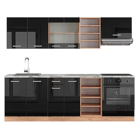 Vicco  Küchenzeile R-Line Schwarz Hochglanz/Goldkraft Eiche, AP Marmor
