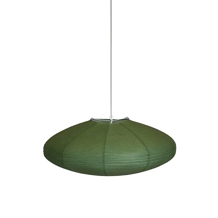 PR Home Pendelleuchte Lampenschirm -  - Grüne, UFO-förmige Papier-Pendelleuchte mit strukturierter Oberfläche, an einer Schnur hängend.