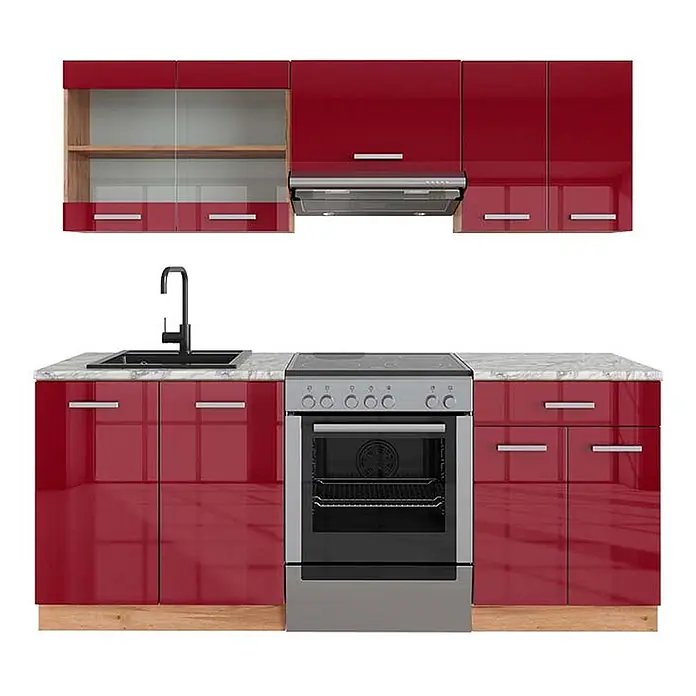 Vicco Küchenzeile R-Line Rot Hochglanz/Goldkraft Eiche, AP Marmor - Breite: 200 cm, Rot Hochglanz, Ohne Elektrogeräte - Rote Hochglanz-Küchenzeile mit Ober- und Unterschränken, Glastüren, Arbeitsplatte in Marmoroptik, schwarzem Spülbecken, Backofen und Kochfeld.