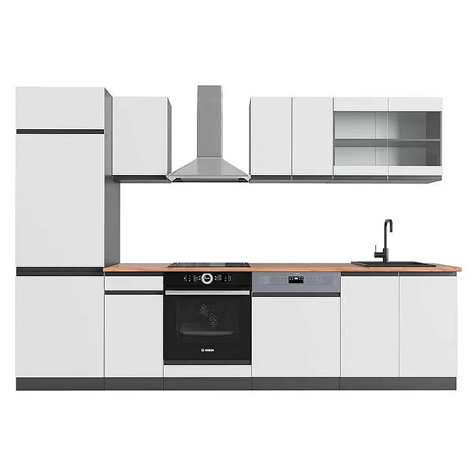 Vicco Küchenzeile R-Line Weiß/Anthrazit J-Shape, AP Eiche - Breite: 300 cm, Weiß, Ohne Elektrogeräte - Moderne weiße Einbauküche mit Holzarbeitsplatte. Verfügt über integrierten Kühlschrank, Backofen, Kochfeld, Geschirrspüler, Spüle und Dunstabzugshaube.