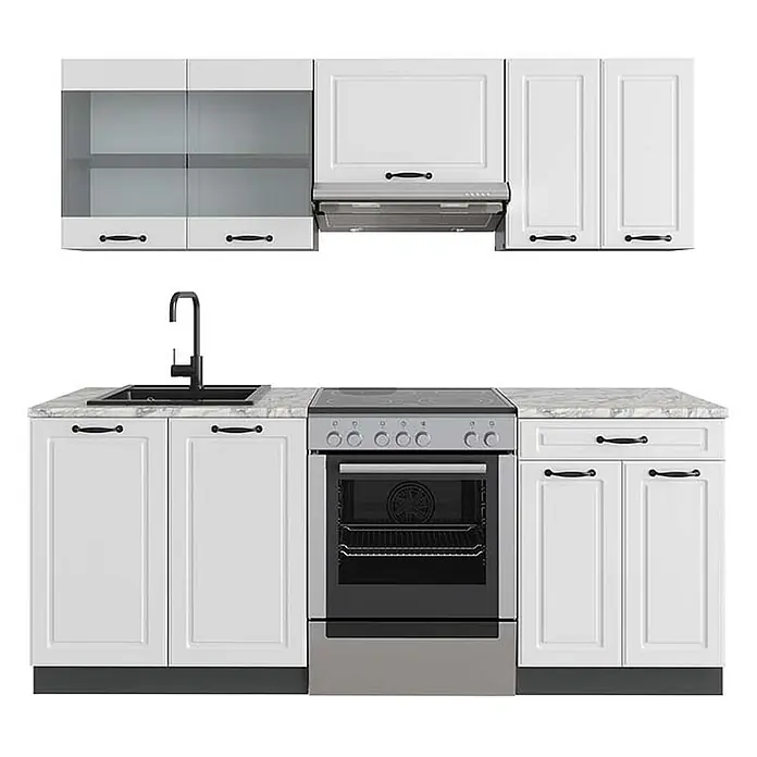 Vicco Küchenzeile R-Line Weiß Landhaus/Anthrazit, AP Marmor - Weiß Landhaus, Ohne Elektrogeräte - Weiße Küchenzeile mit Ofen, Spüle, schwarzer Armatur und Arbeitsplatte in Marmoroptik. Weiße Schränke mit schwarzen Griffen.