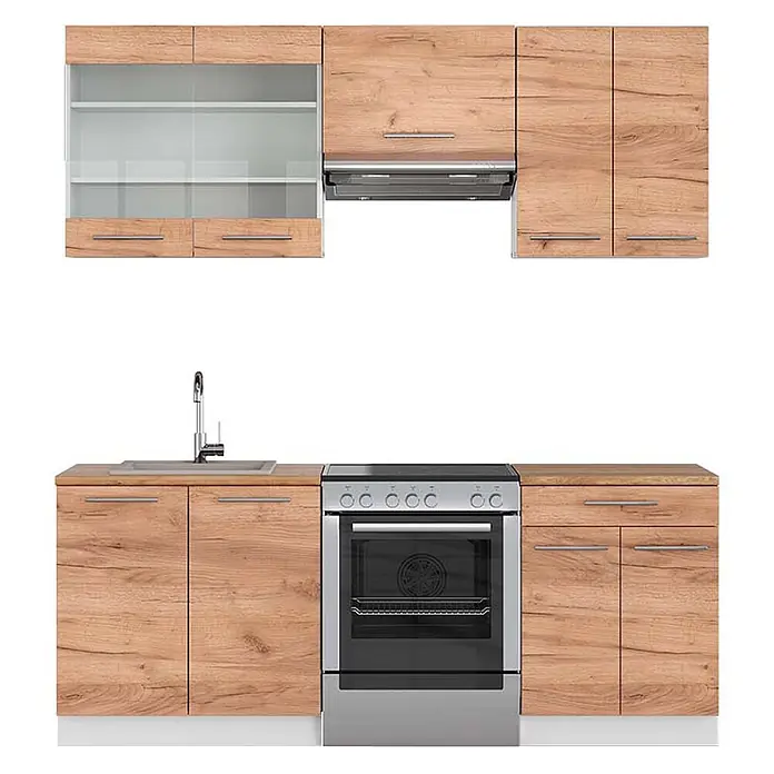 Vicco Küchenzeile Fame-Line Goldkraft Eiche/Weiß, AP Eiche - Breite: 200 cm, Goldkraft Eiche, Ohne Elektrogeräte - Moderne Küchenzeile mit Holzdekor-Schränken, silbernen Griffen, grauen Arbeitsplatten, Spüle, Ofen und Dunstabzugshaube.