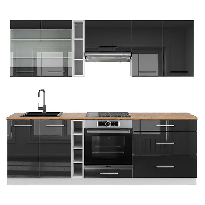 Vicco Küchenzeile Fame-Line Anthrazit Hochglanz/Weiß, AP Eiche - Breite: 235 cm, Anthrazit Hochglanz, Ohne Elektrogeräte - Moderne schwarze Hochglanz-Küchenzeile mit Holzarbeitsplatte, Spüle, Kochfeld, Backofen und Dunstabzugshaube.