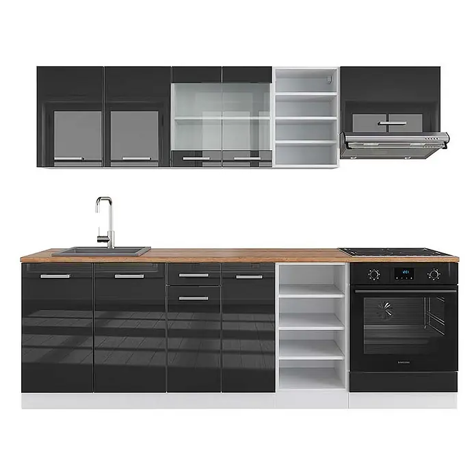 Vicco Küchenzeile R-Line Anthrazit Hochglanz/Weiß, AP Eiche - Breite: 240 cm, Anthrazit Hochglanz, Ohne Elektrogeräte - Moderne Küchenzeile mit glänzend schwarzen Schränken, Holz-Arbeitsplatte, Spüle, integriertem Backofen, Kochfeld und weißen Regalen.
