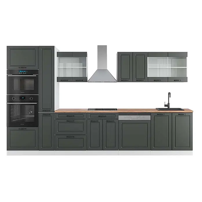 Vicco Küchenzeile R-Line Anthrazit Landhaus/Weiß mit Hochschrank, AP Eiche - Breite: 350 cm, Anthrazit Landhaus, Ohne Elektrogeräte - Dunkelgraue Modulküchenzeile mit Holz-Arbeitsplatten, Einbauöfen, Kochfeld, Spüle, Geschirrspüler und Dunstabzugshaube.