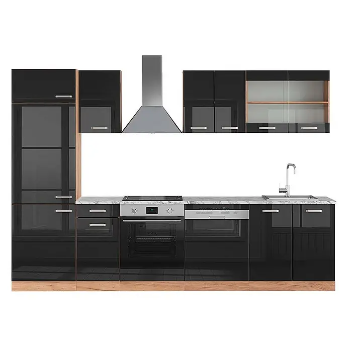 Vicco Küchenzeile R-Line Schwarz Hochglanz/Goldkraft Eiche, AP Marmor - Schwarz Hochglanz, Ohne Elektrogeräte - Moderne schwarze Hochglanzküche mit hellen Holzdetails, Marmor-Arbeitsplatte, integrierten Geräten, Spüle und Dunstabzugshaube.