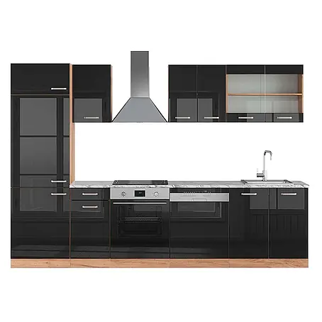 Vicco  Küchenzeile R-Line Schwarz Hochglanz/Goldkraft Eiche, AP Marmor