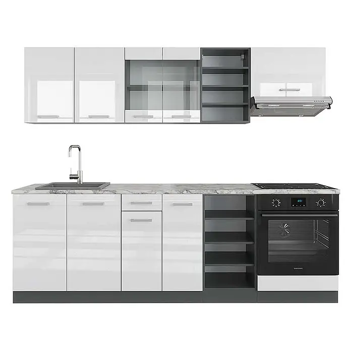 Vicco Küchenzeile R-Line Weiß Hochglanz/Anthrazit, AP Marmor - Breite: 240 cm, Weiß Hochglanz, Ohne Elektrogeräte - Moderne Einbauküche mit weißen Hochglanzschränken, grauer Marmor-Arbeitsplatte, integriertem schwarzem Backofen/Kochfeld und Edelstahlspüle.