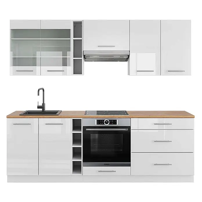 Vicco Küchenzeile Fame-Line Weiß Hochglanz/Weiß, AP Eiche - Breite: 235 cm, Weiß Hochglanz, Ohne Elektrogeräte - Moderne Küchenzeile mit weißen Hochglanzschränken, Holzplatte, schwarzem Spülbecken, Kochfeld, Backofen und Dunstabzug.