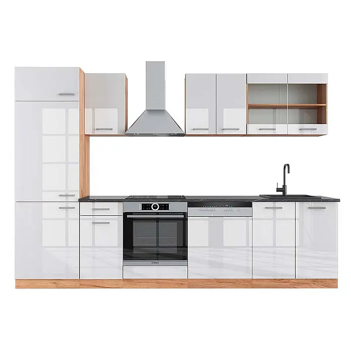 Vicco Küchenzeile R-Line Weiß Hochglanz/Goldkraft Eiche, AP Anthrazit - Breite: 300 cm, Weiß Hochglanz, Ohne Elektrogeräte - Moderne weiße Hochglanzküche mit hellen Holzdetails, dunkler Arbeitsplatte, integriertem Ofen, Kochfeld, Spülmaschine, schwarzer Spüle und Dunstabzugshaube.