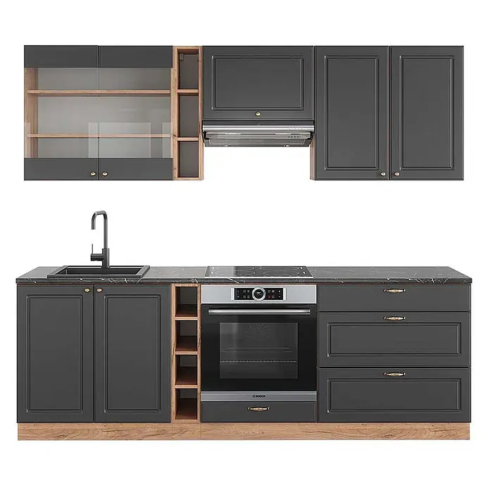 Vicco Küchenzeile Fame-Line Anthrazit Landhaus/Goldkraft Eiche, AP Anthrazit - Breite: 235 cm, Anthrazit Landhaus, Ohne Elektrogeräte - Dunkelgraue Küchenschränke mit Holzdetails, schwarzer Arbeitsplatte, Spüle, Kochfeld und Backofen. Offene Regale und Weinregal.