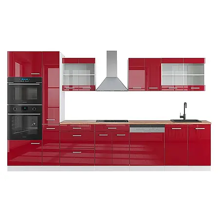 Vicco  Küchenzeile R-Line Rot Hochglanz/Weiß mit Hochschrank, AP Eiche