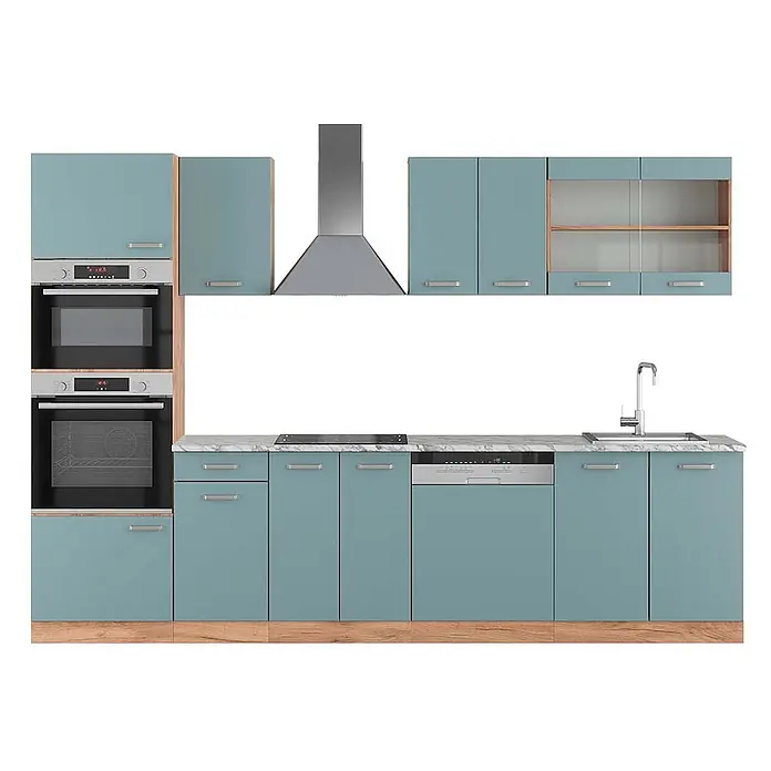 Vicco Küchenzeile R-Line Blau-Grau/Goldkraft Eiche mit Hochschrank, AP Marmor - Breite: 300 cm, Blau-Grau, Ohne Elektrogeräte - Moderne tealfarbene Küchenschränke mit hellem Holz, Marmorarbeitsplatte und integriertem Edelstahl-Ofen, Kochfeld, Spüle, Geschirrspüler.