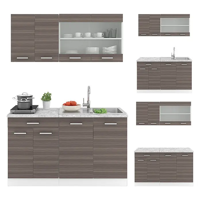Vicco Singleküche R-Line Edelgrau/Weiß, AP Eiche - Breite: 140 cm, Edelgrau, Mit AP Eiche - Modulare Küchenschrank-Set in dunkler Holzmaserung mit Marmor-Arbeitsplatte, Spüle und Hängeschränken mit Glastüren.