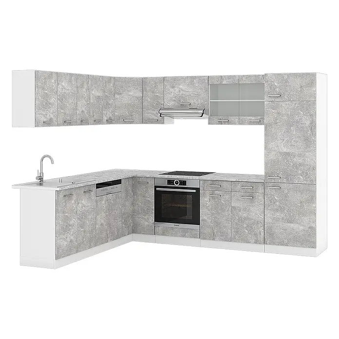 Vicco Eckküche R-Line Beton ohne Arbeitsplatte - B x T: 287 x 46 cm, Beton, Ohne Elektrogeräte - L-förmige Küche mit grauen Steinmuster-Fronten und weißen Seiten, inkl. Spüle, Kochfeld, Backofen, Geschirrspüler und Dunstabzugshaube.