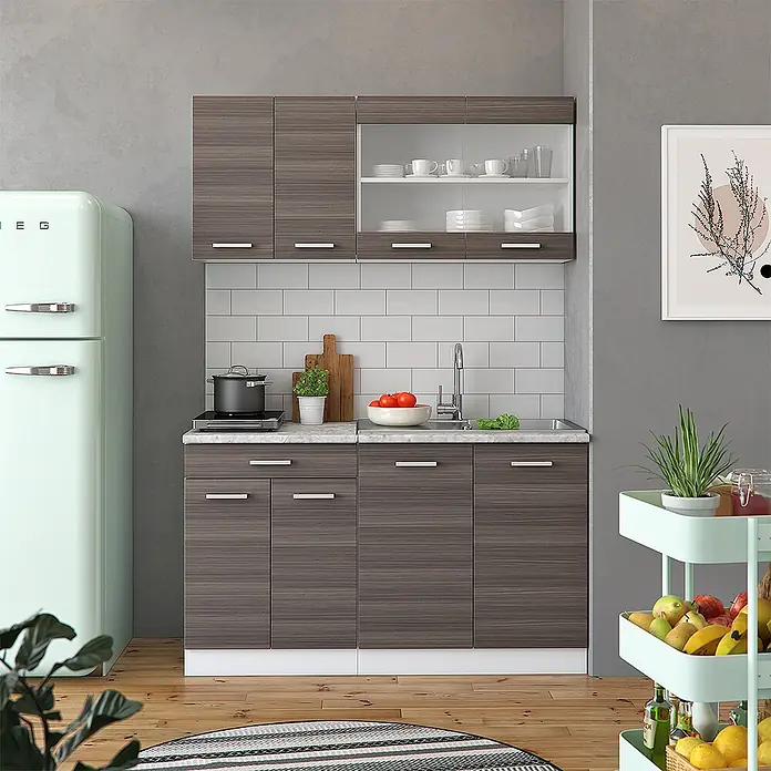 Vicco Singleküche R-Line Edelgrau/Weiß, AP Eiche - Breite: 140 cm, Edelgrau, Mit AP Eiche - Küchenschrank-Set in dunkler Holzoptik mit Spüle, Oberschränken und weißer Arbeitsplatte, in moderner Küche.