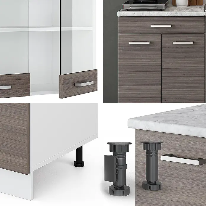 Vicco Singleküche R-Line Edelgrau/Weiß, AP Eiche - Breite: 140 cm, Edelgrau, Mit AP Eiche - Komponenten für Modulschränke: graue Holzmaserung-Fronten, weiße Marmor-Arbeitsplatte und verstellbare Möbelbeine.