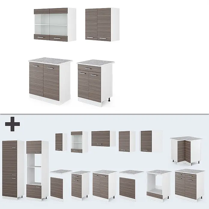Vicco Singleküche R-Line Edelgrau/Weiß, AP Eiche - Breite: 140 cm, Edelgrau, Mit AP Eiche - Modulare Küchenschränke in Weiß und dunkler Holzoptik, inklusive Wand-, Unter- und Hochschränken mit Arbeitsplatten.