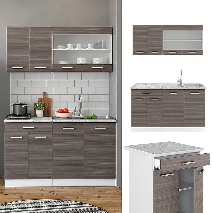 Vicco Singleküche R-Line Edelgrau/Weiß, AP Eiche - Breite: 140 cm, Edelgrau, Mit AP Eiche - Küchenschrank-Set in dunkler Holzoptik mit weißer Arbeitsplatte und Spüle, einige Oberschränke mit Glastüren, in moderner Küche.