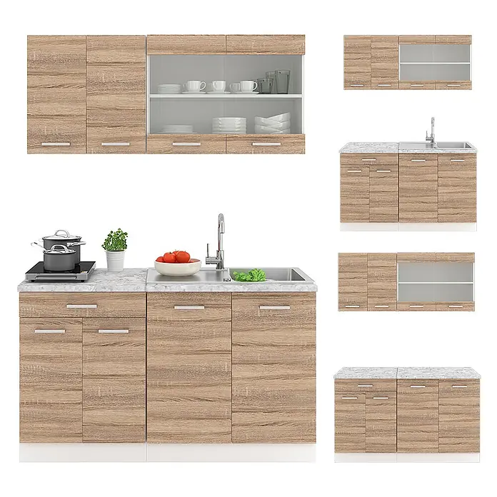 Vicco Singleküche R-Line Sonoma/Weiß, AP Eiche - Sonoma, Mit AP Eiche - Modulares Küchenschrank-Set in heller Holzoptik mit Arbeitsplatte in Marmoroptik, Spüle und Hängeschränken mit Glastüren.